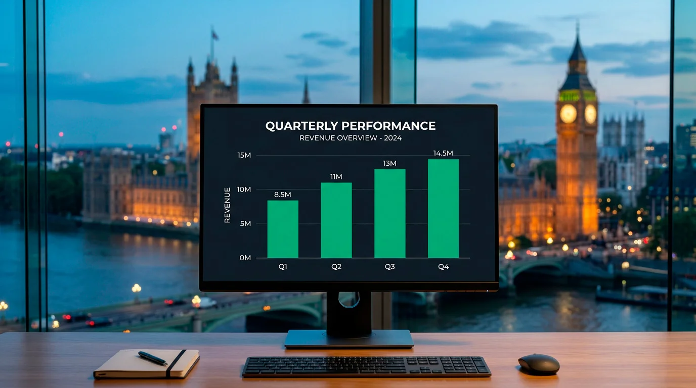 Clean bar graph of UK online gambling gross yield with a London skyline behind it