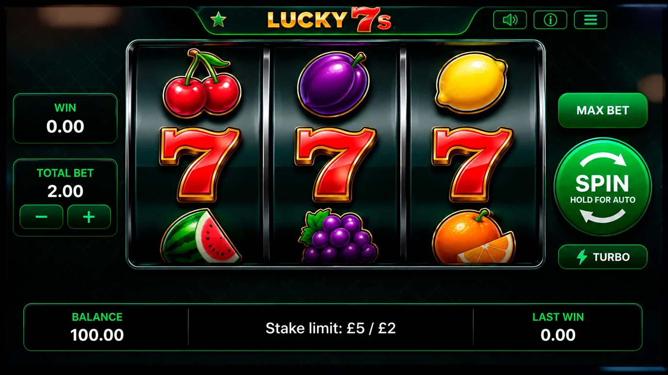 Online slot reels on a screen illustrating the UK per-spin stake limits