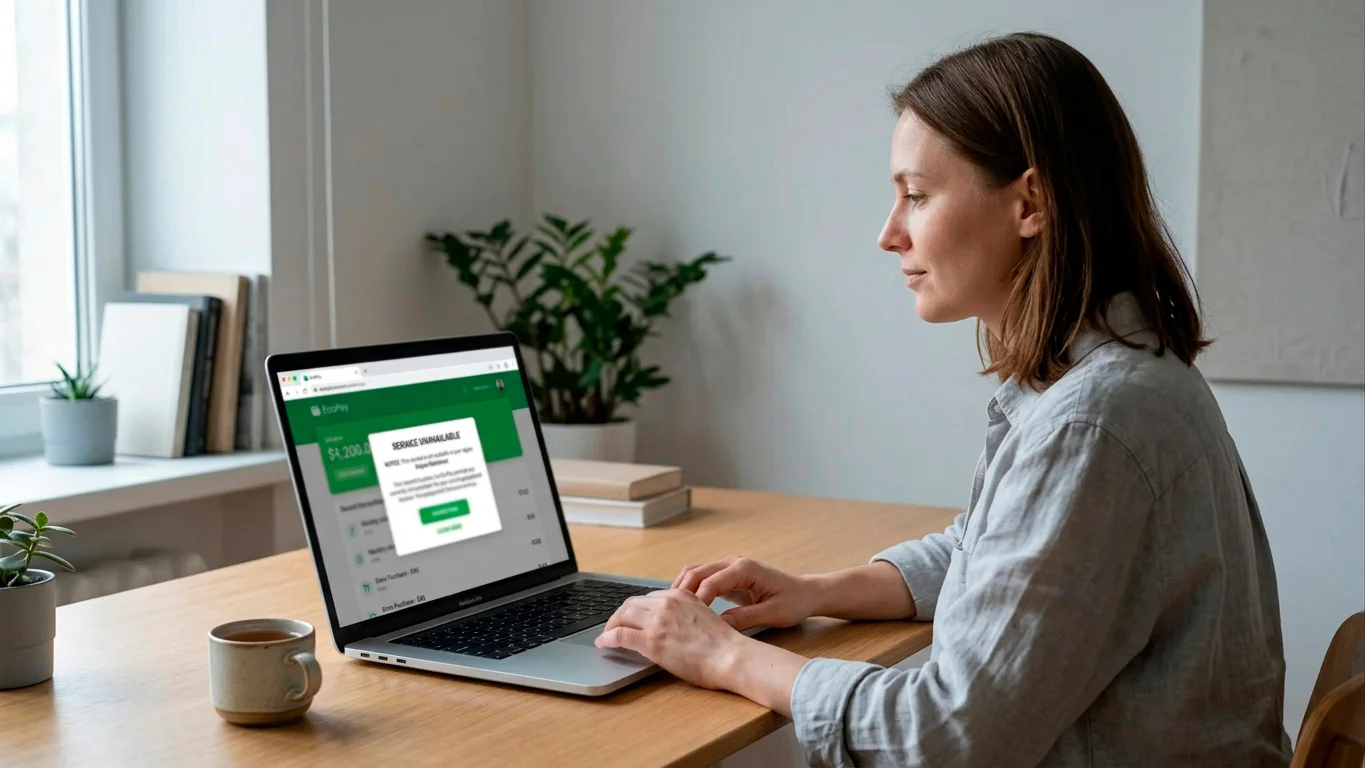 Person at a desk checking prepaid card availability for their region in an app