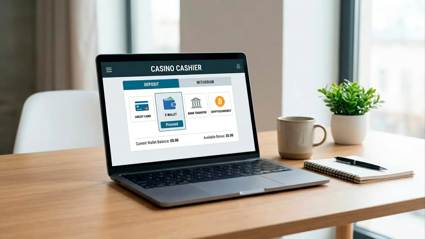 Casino cashier on a laptop showing a regulated wallet method clearly accepted
