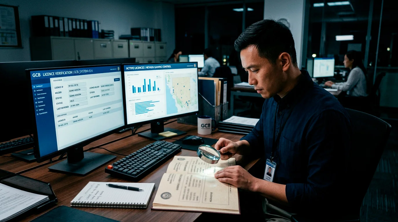 Analyst checking a UK casino operating licence against the regulator's public register