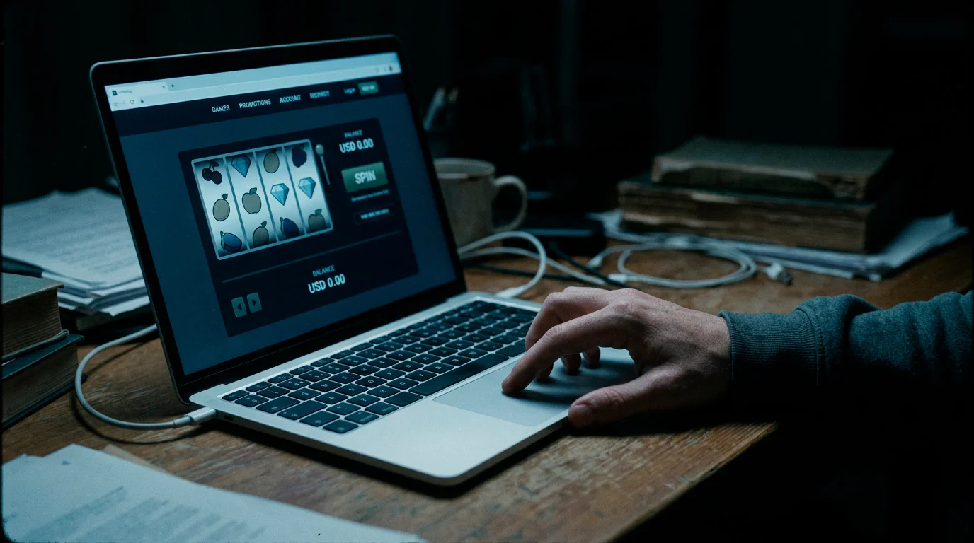 Laptop showing an unfamiliar offshore casino site with no clear regulator badge