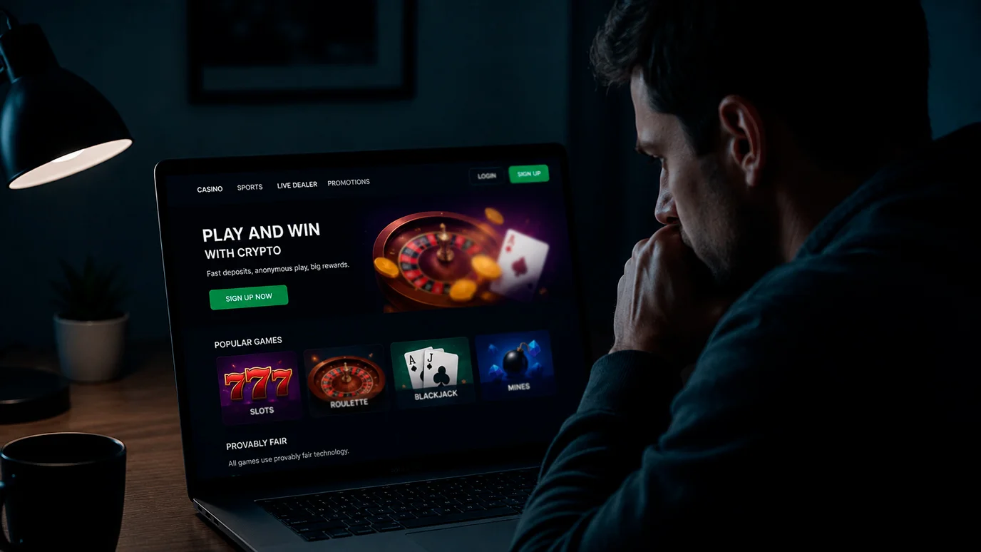 Person warily viewing an unregulated crypto gambling site on a laptop