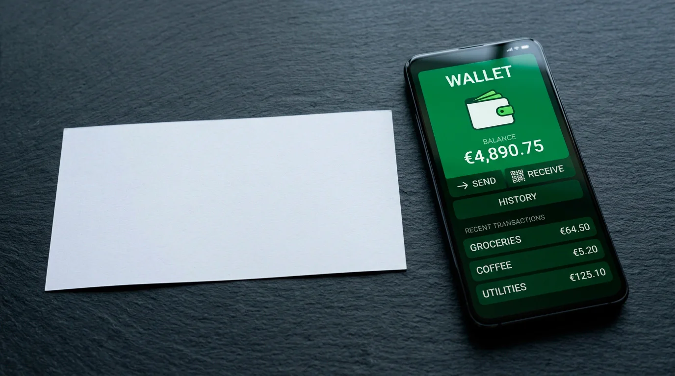 A voucher slip and a green wallet phone side by side showing two top-up routes