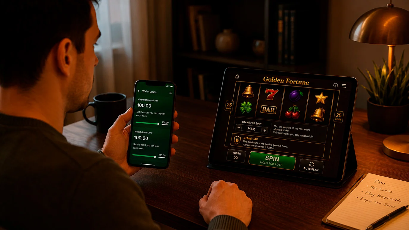 Person setting a wallet budget while a slot game enforces its stake cap