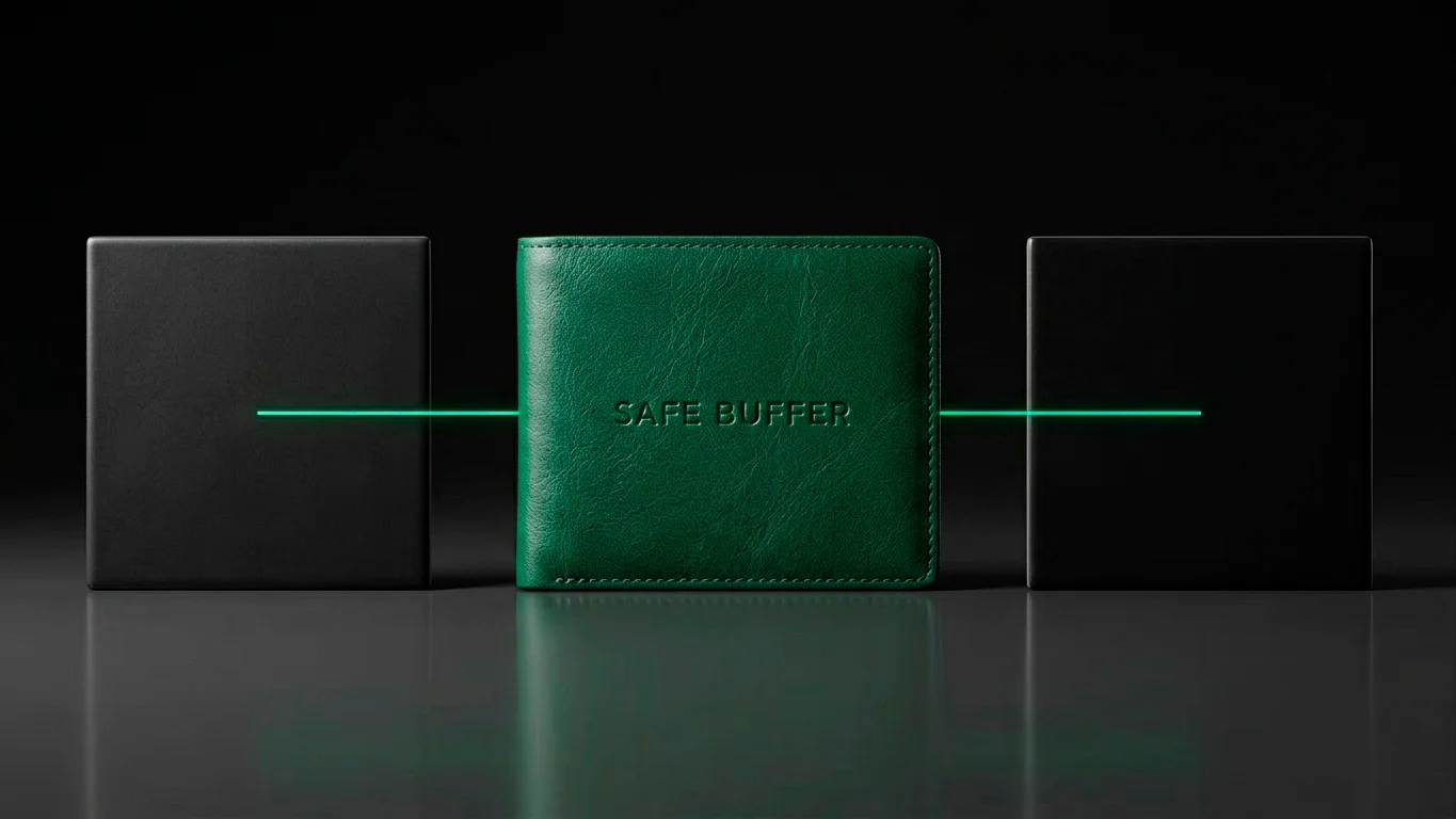 Conceptual scene of a wallet sitting as a buffer between a bank and a casino