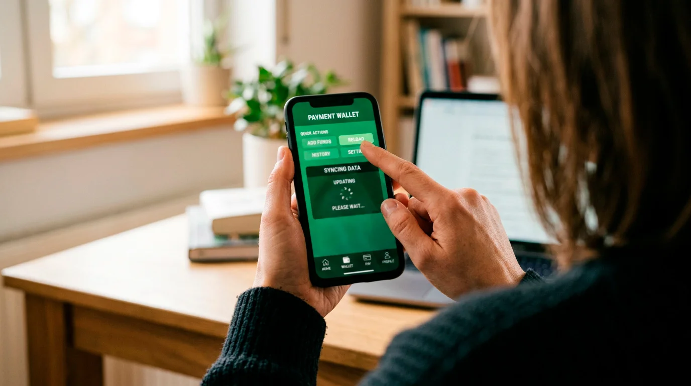 Hand tapping a wallet dashboard as the app branding quietly updates to a new green logo