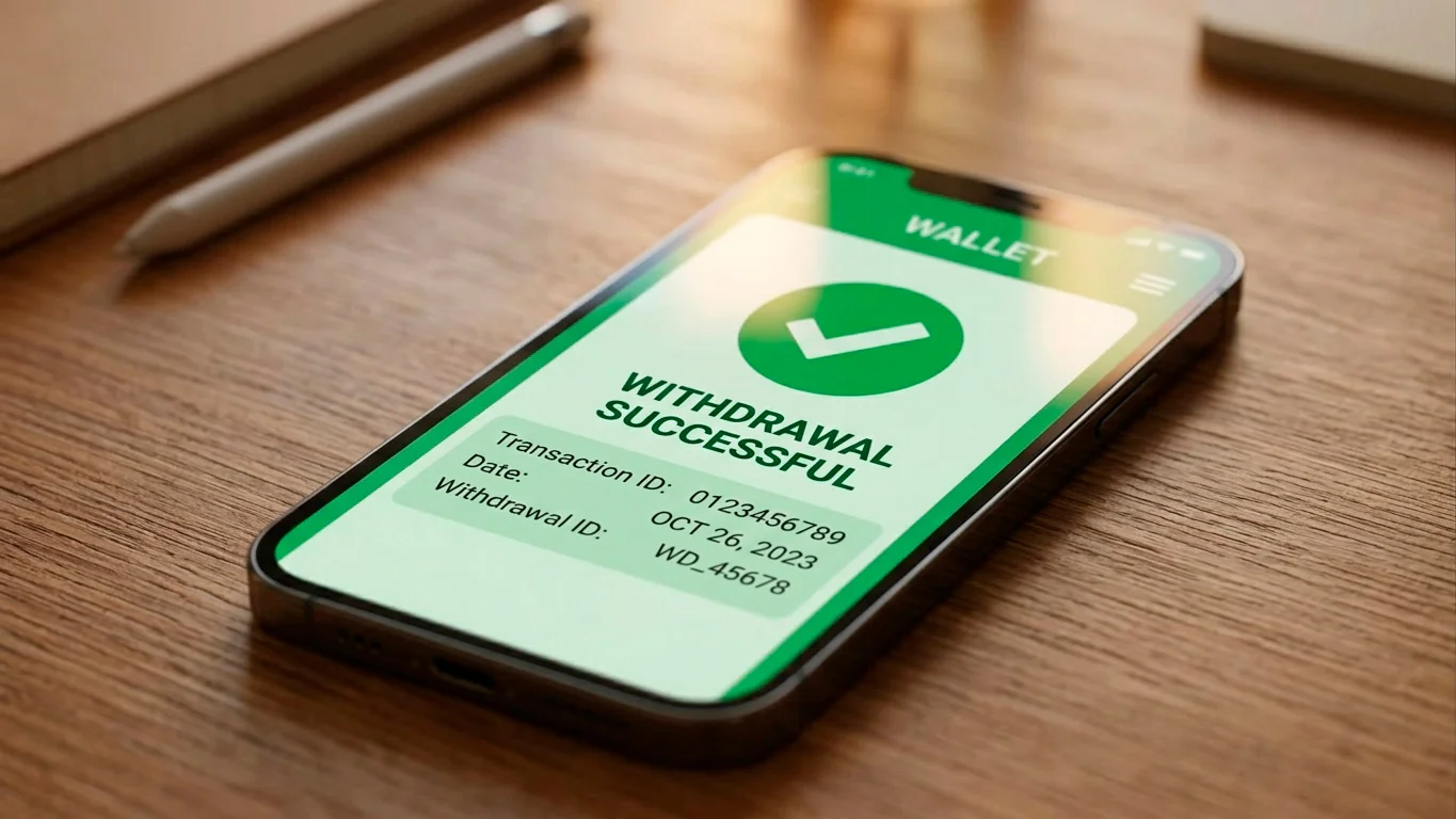Smartphone wallet showing a quick withdrawal confirmation tick