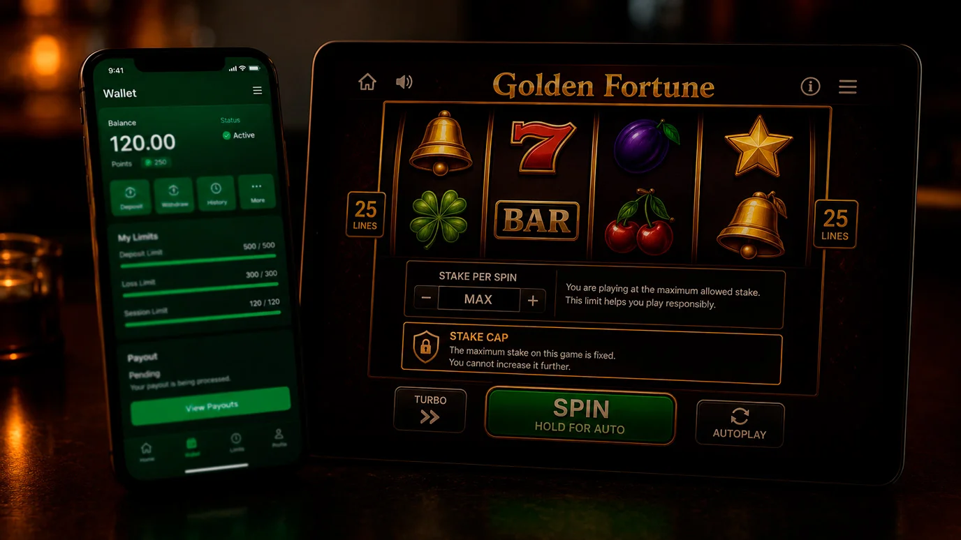A green wallet phone beside a capped slot game showing funding meets the limit
