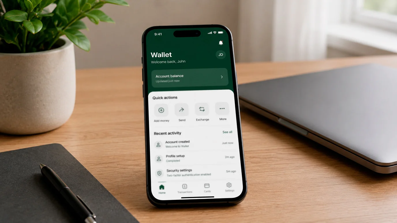 Smartphone wallet dashboard active and normal beside a quiet laptop