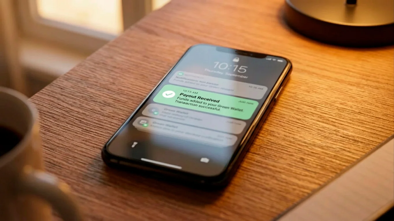 Smartphone wallet showing a fast payout received notification
