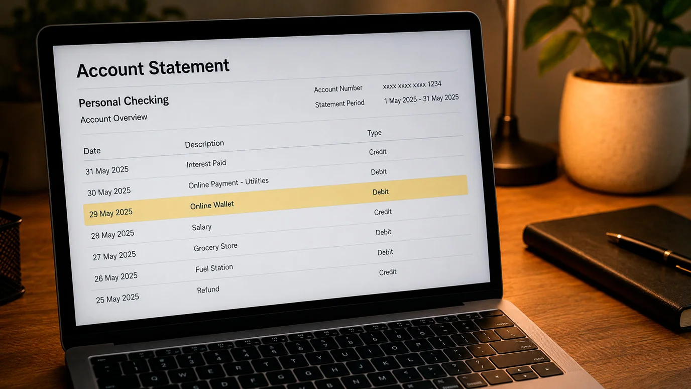 Bank statement on a laptop showing only a neutral wallet entry instead of a casino name