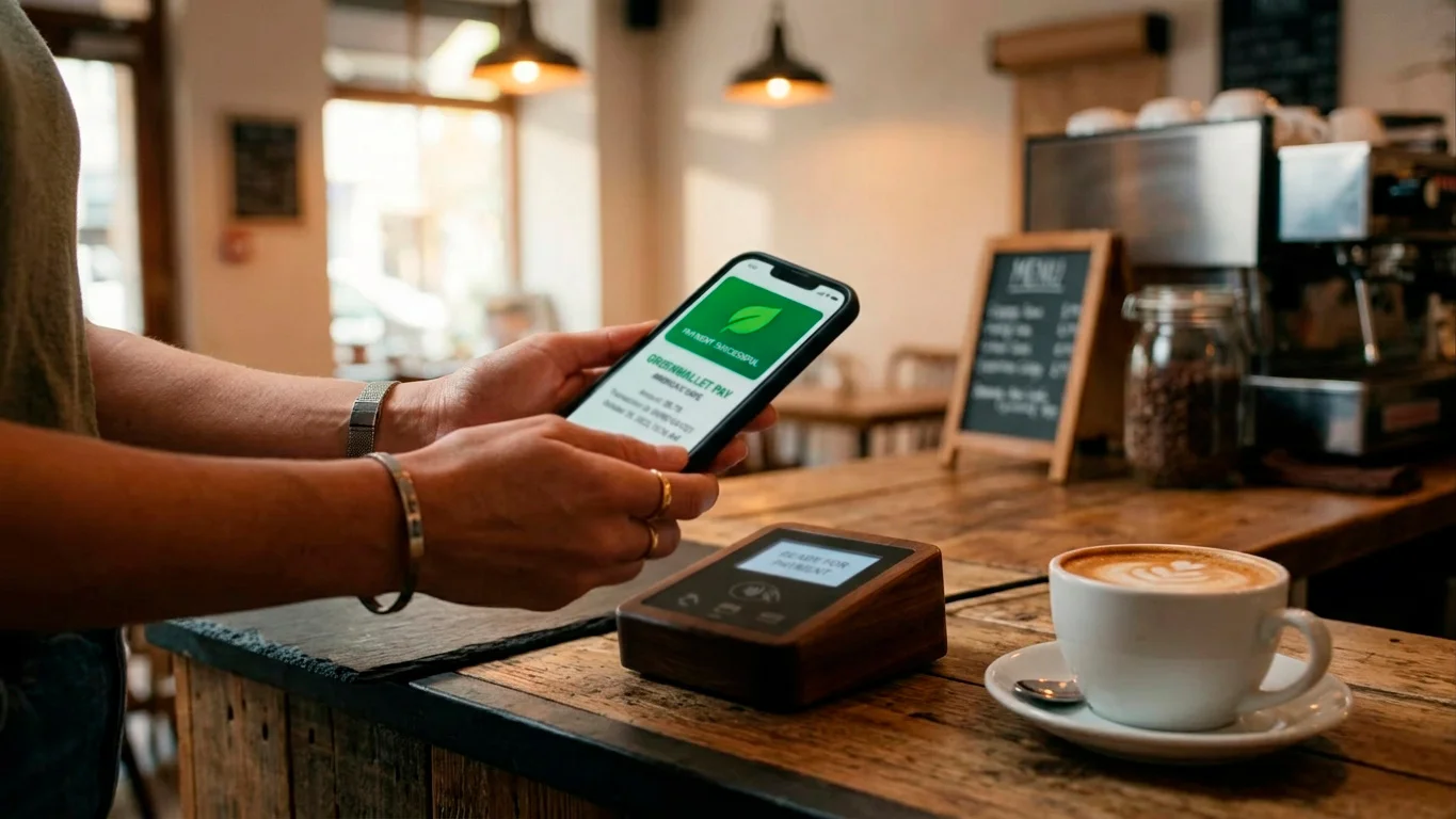 Person using a green wallet app for an ordinary non-gambling payment