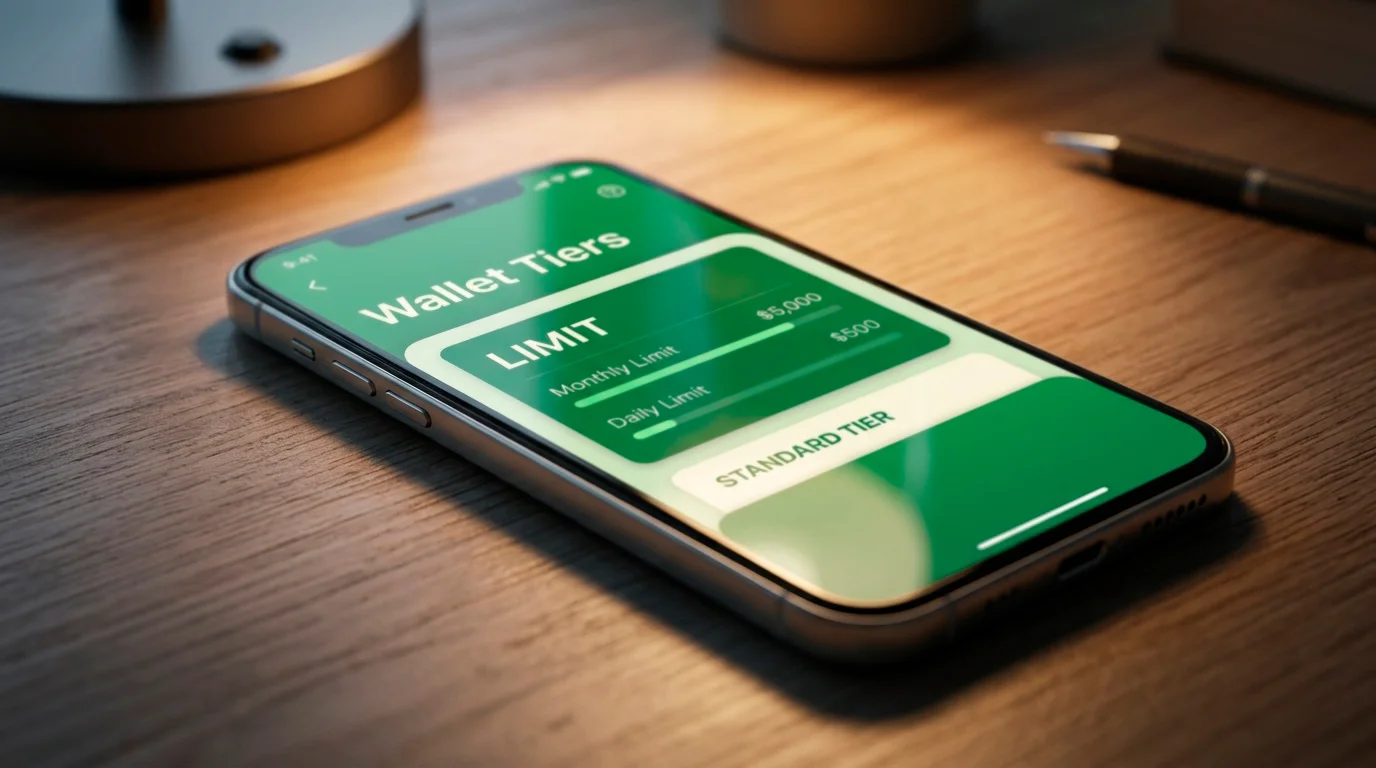 Smartphone wallet showing how an account tier caps the receivable amount