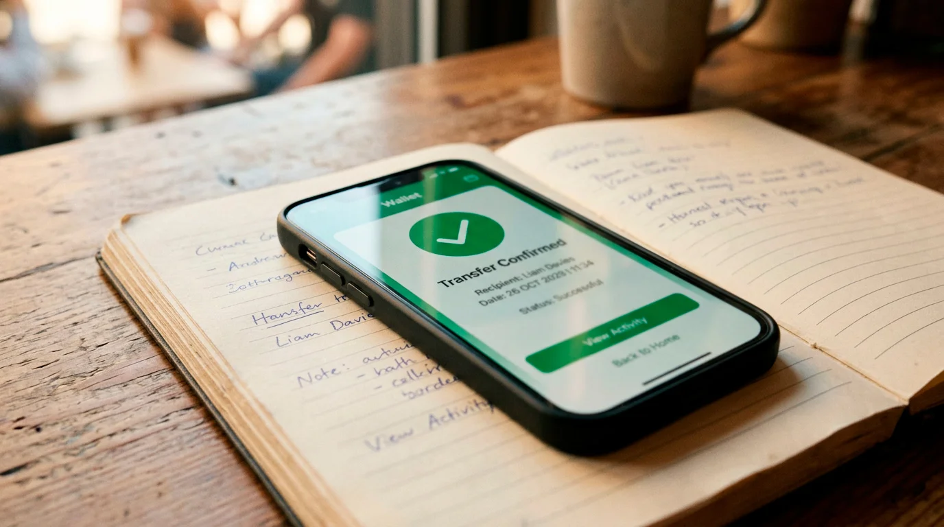 Close-up of a smartphone wallet showing a clean transfer confirmation screen