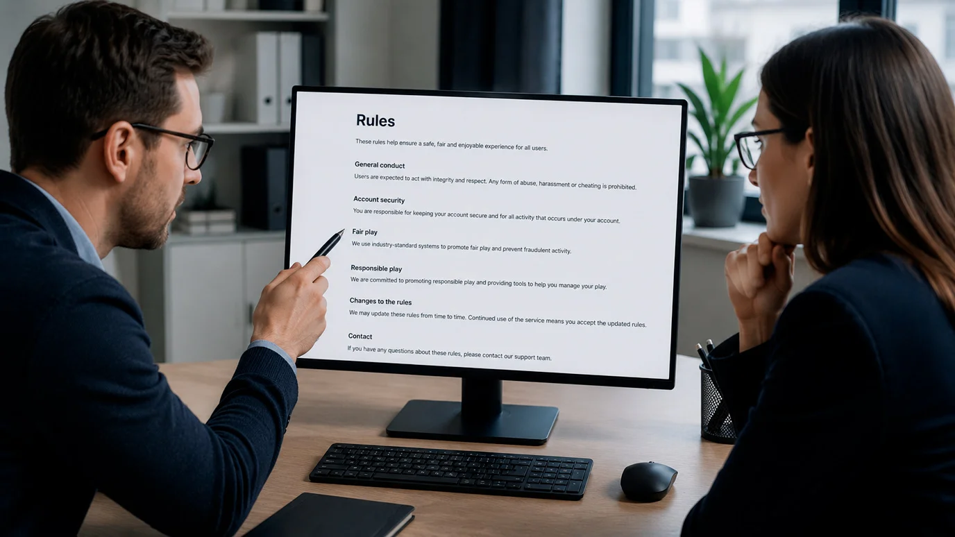 Casino operations staff reviewing bonus rules on a monitor in an office